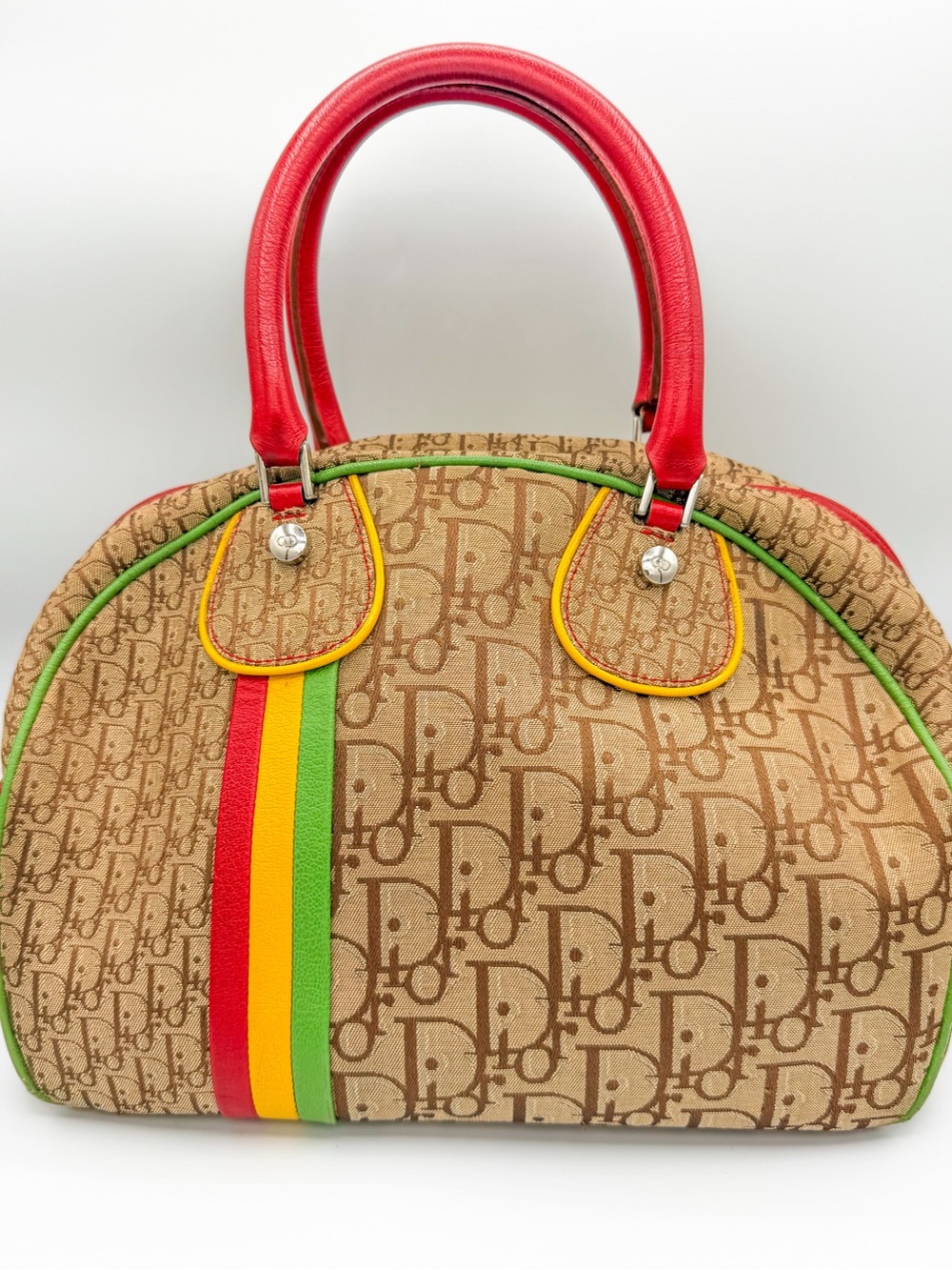 Dior Tan Monogram Canvas Satchel with Red Handles and Multicolor Stripe